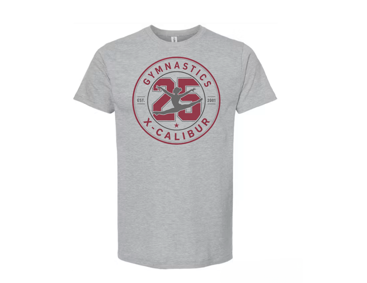 Unisex Adult Gymnastics X-Calibur Athletic Gray 25th Anniversary T-shirt Spiritwear 2026