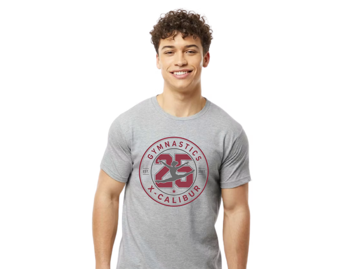 Unisex Adult Gymnastics X-Calibur Athletic Gray  25th Anniversary T-shirt Spiritwear 2026
