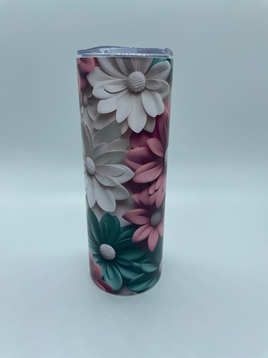 Teal, Pink and White Floral 3D tumbler